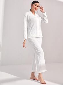 SHEIN Unity Set homewear con botón delantero ribete con fleco - Blanco - Ver 5