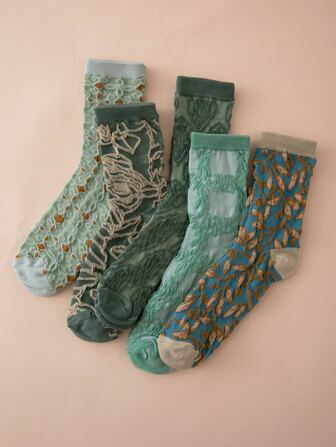 5雙花卉圖案中筒襪