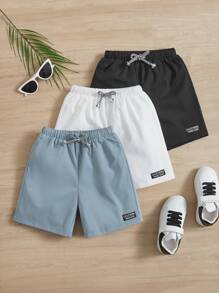 SHEIN Leap Crew Young Boy 3pcs Letter Patched Detail Drawstring Waist Shorts - Dusty Blue - View 4