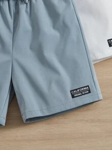 SHEIN Leap Crew Young Boy 3pcs Letter Patched Detail Drawstring Waist Shorts - Dusty Blue - View 3