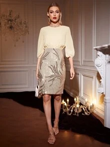 SHEIN Belle Contrast Sequin Lantern Sleeve Dress - Apricot - View 3