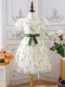 SHEIN Girls Floral Embroidery Mesh Puff Sleeve Dress - Beige - View 1
