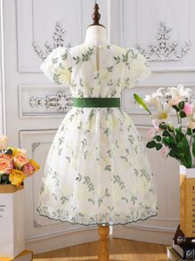 SHEIN Girls Floral Embroidery Mesh Puff Sleeve Dress - Beige - View 2