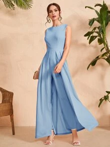 Seusyu Solid Zipper Back Culotte Jumpsuit - Baby Blue - View 1