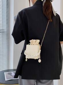 Mini Geometric Pattern Drawstring Design Pearl Decor Bucket Bag - Beige - View 3