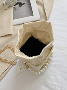 Mini Geometric Pattern Drawstring Design Pearl Decor Bucket Bag - Beige - View 4
