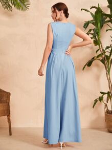 Seusyu Solid Zipper Back Culotte Jumpsuit - Baby Blue - View 2