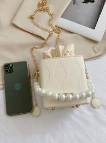 Mini Geometric Pattern Drawstring Design Pearl Decor Bucket Bag - Beige - View 6