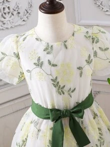 SHEIN Girls Floral Embroidery Mesh Puff Sleeve Dress - Beige - View 4