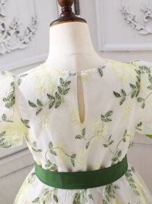 SHEIN Girls Floral Embroidery Mesh Puff Sleeve Dress - Beige - View 6