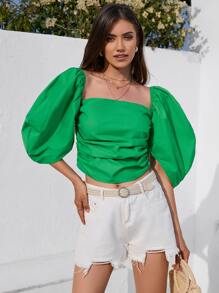 SHEIN VCAY Square Neck Lantern Sleeve Blouse - Green - View 1