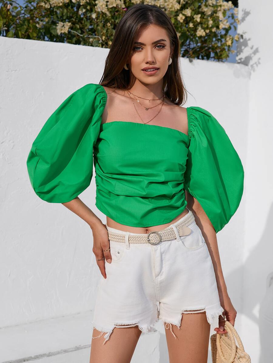 SHEIN VCAY Square Neck Lantern Sleeve Blouse - Green - View 1