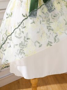 SHEIN Girls Floral Embroidery Mesh Puff Sleeve Dress - Beige - View 7