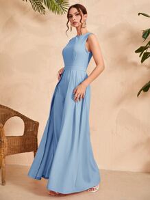 Seusyu Solid Zipper Back Culotte Jumpsuit - Baby Blue - View 5