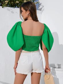 SHEIN VCAY Square Neck Lantern Sleeve Blouse - Green - View 2
