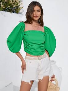 SHEIN VCAY Square Neck Lantern Sleeve Blouse - Green - View 3