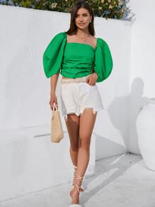 SHEIN VCAY Square Neck Lantern Sleeve Blouse - Green - View 4