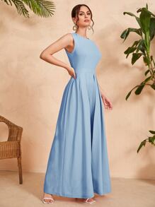 Seusyu Solid Zipper Back Culotte Jumpsuit - Baby Blue - View 6