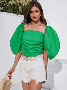 SHEIN VCAY Square Neck Lantern Sleeve Blouse - Green - View 5