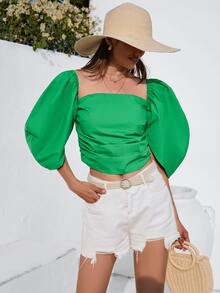 SHEIN VCAY Square Neck Lantern Sleeve Blouse - Green - View 6