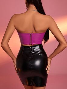 不對稱下擺PU皮革抹胸上衣 - 玫紅色 - 查看 2