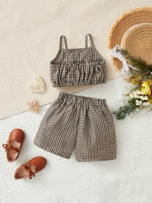 Baby Girl Plaid Print Cami Top & Shorts - Multicolor - View 2