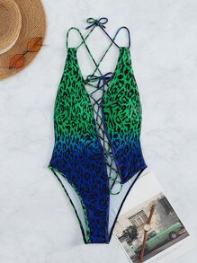 豹紋印花繫帶連體泳衣 - 彩色 - 查看 7