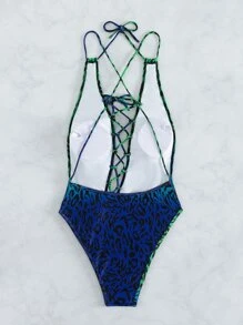 豹紋印花繫帶連體泳衣 - 彩色 - 查看 5