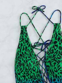 豹紋印花繫帶連體泳衣 - 彩色 - 查看 3
