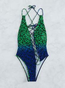 豹紋印花繫帶連體泳衣 - 彩色 - 查看 4