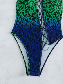 豹紋印花繫帶連體泳衣 - 彩色 - 查看 6