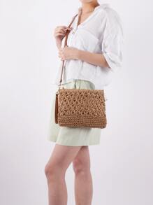 Minimalist Hollow Out Straw Bag,Perfect For Summer Beach Travel Vacation - Khaki - View 1