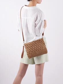 Minimalist Hollow Out Straw Bag,Perfect For Summer Beach Travel Vacation - Khaki - View 3