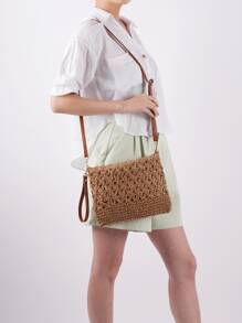 Minimalist Hollow Out Straw Bag,Perfect For Summer Beach Travel Vacation - Khaki - View 4
