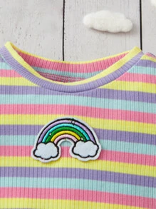 Baby Striped Rainbow Patched Lettuce Trim Tee - Multicolor - View 5