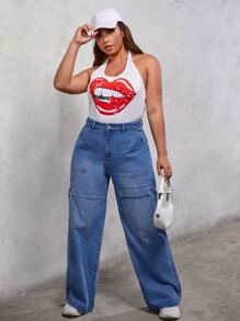 SHEIN Plus Flap Pocket Cargo Jeans - Medium Wash - View 3