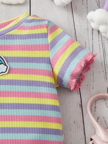 Baby Striped Rainbow Patched Lettuce Trim Tee - Multicolor - View 3