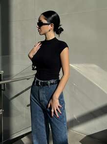 DAZY 高領肋織針織t恤 - 黑色 - 查看 3