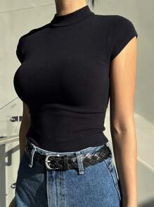 DAZY 高領肋織針織t恤 - 黑色 - 查看 5