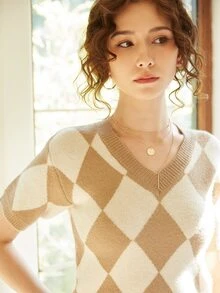 Knit Mix Top de punto con patrón de rombo - Multicolor - Ver 4