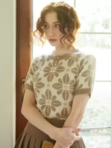 Knit Mix Women Spring Autumn Casual Knit Crew Neck Short Sleeve Contrast Color Loose T-Shirt (Pattern Randomly) - Khaki - View 1