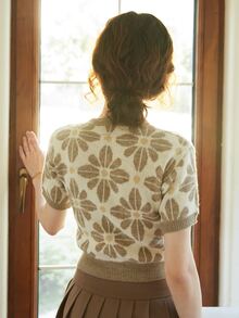 Knit Mix Women Spring Autumn Casual Knit Crew Neck Short Sleeve Contrast Color Loose T-Shirt (Pattern Randomly) - Khaki - View 2