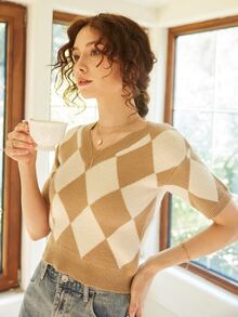 Knit Mix Top de punto con patrón de rombo - Multicolor - Ver 6