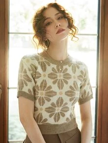 Knit Mix Women Spring Autumn Casual Knit Crew Neck Short Sleeve Contrast Color Loose T-Shirt (Pattern Randomly) - Khaki - View 3