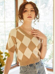 Knit Mix Top de punto con patrón de rombo - Multicolor - Ver 7