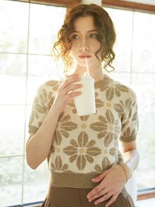 Knit Mix Women Spring Autumn Casual Knit Crew Neck Short Sleeve Contrast Color Loose T-Shirt (Pattern Randomly) - Khaki - View 5