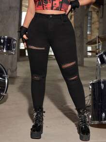 SHEIN ICON Jeans ajustados desgarro unicolor sin cinturón - Negro - Ver 1