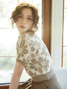 Knit Mix Women Spring Autumn Casual Knit Crew Neck Short Sleeve Contrast Color Loose T-Shirt (Pattern Randomly) - Khaki - View 6