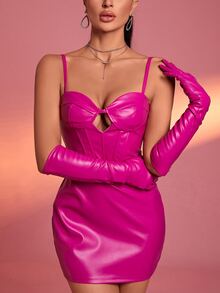 Đầm Dây kéo Cắt ra màu trơn Buổi tiệc - Màu Hồng Tươi - Xem 5