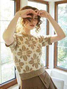 Knit Mix Women Spring Autumn Casual Knit Crew Neck Short Sleeve Contrast Color Loose T-Shirt (Pattern Randomly) - Khaki - View 7